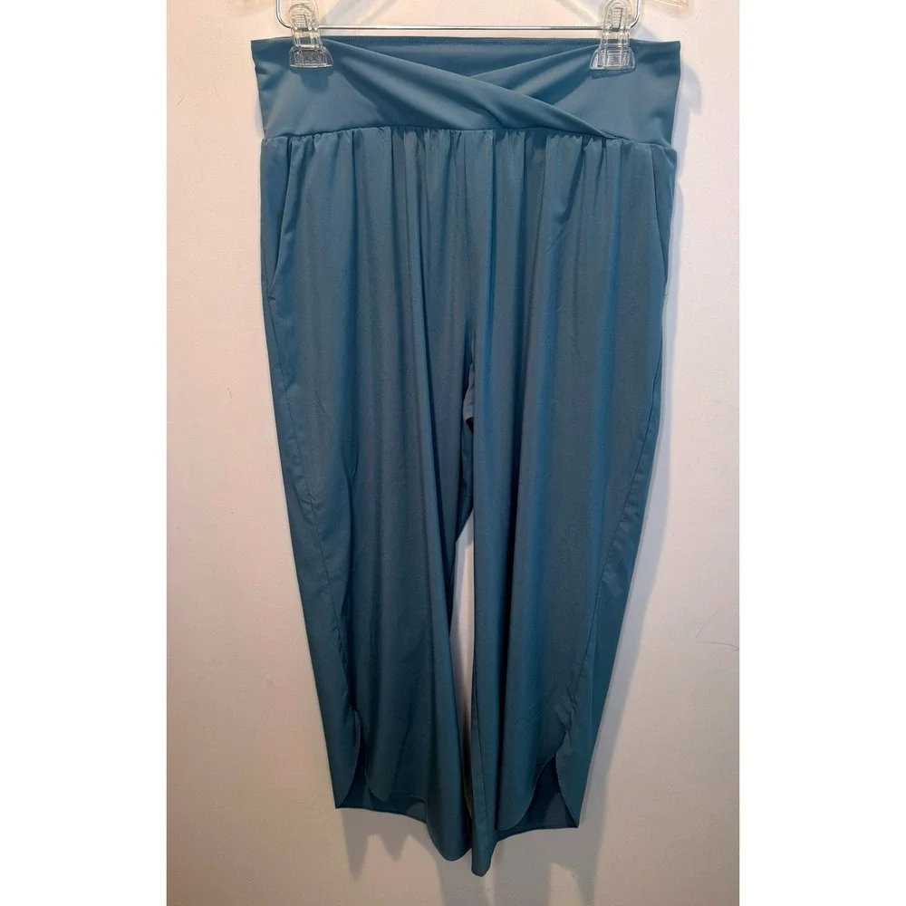 Halara Womens Teal Breezeful Crossover High Waist Crop Wide Leg Pants Large
